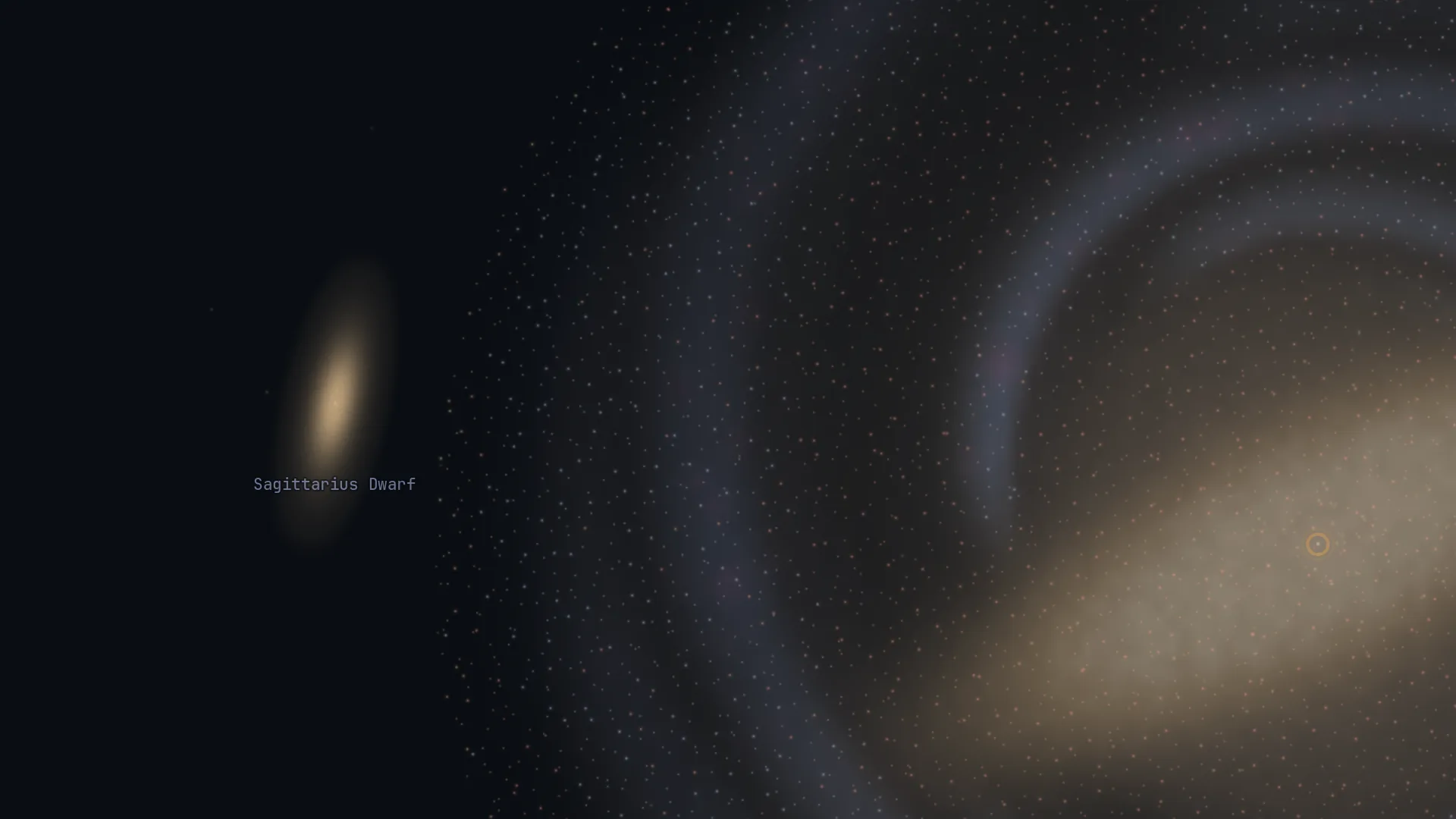 Spiral arms of the Milky Way on the galaxy map, each dot a star, with the Sagittarius Dwarf galaxy nearby