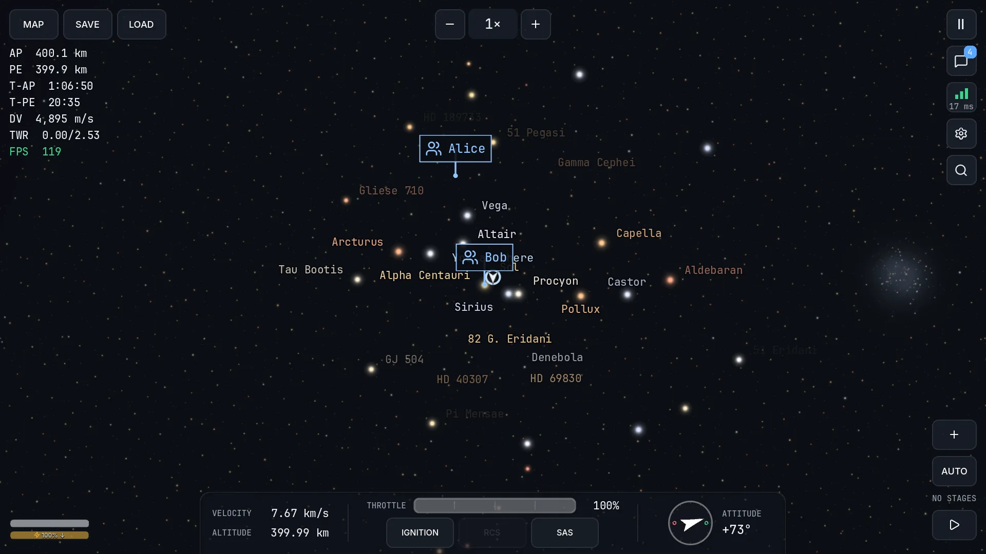 The galaxy map with player tags: Alice at TRAPPIST-1 and Bob at Alpha Centauri