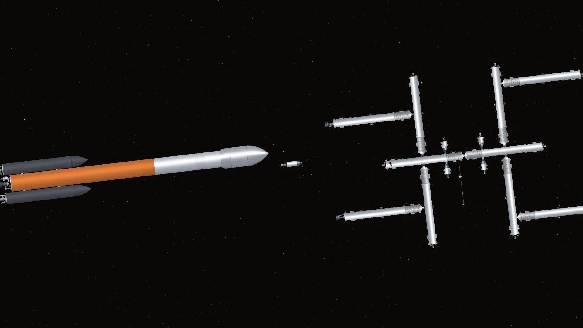 Three players in orbit: a large station, a three-core rocket and a small capsule, with chat on screen