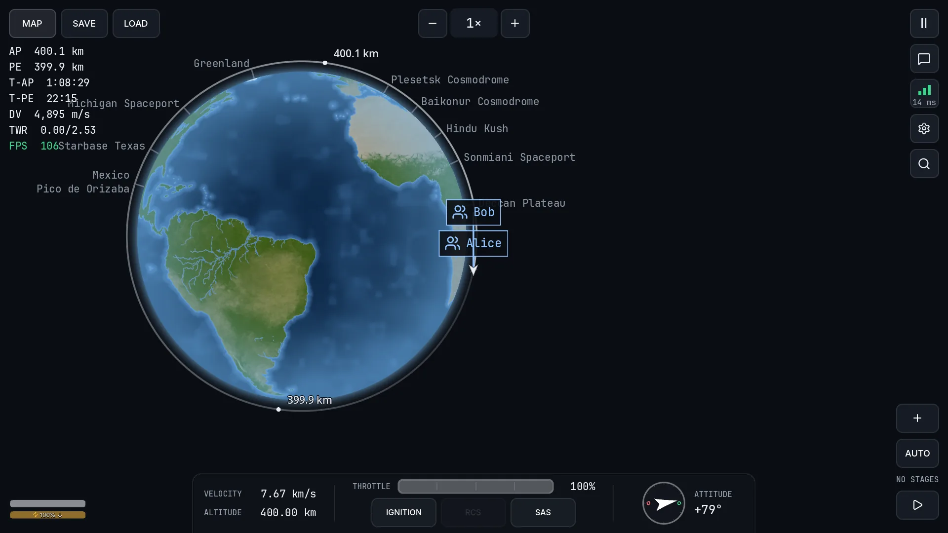 The Earth map with player tags for Alice and Bob