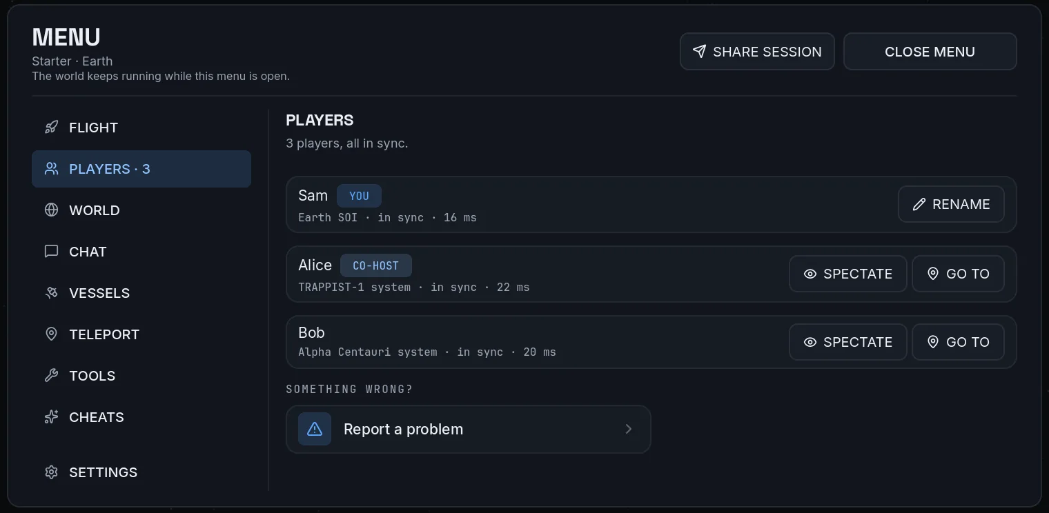 The Players page listing Alice in the TRAPPIST-1 system and Bob in the Alpha Centauri system, with spectate and go to buttons