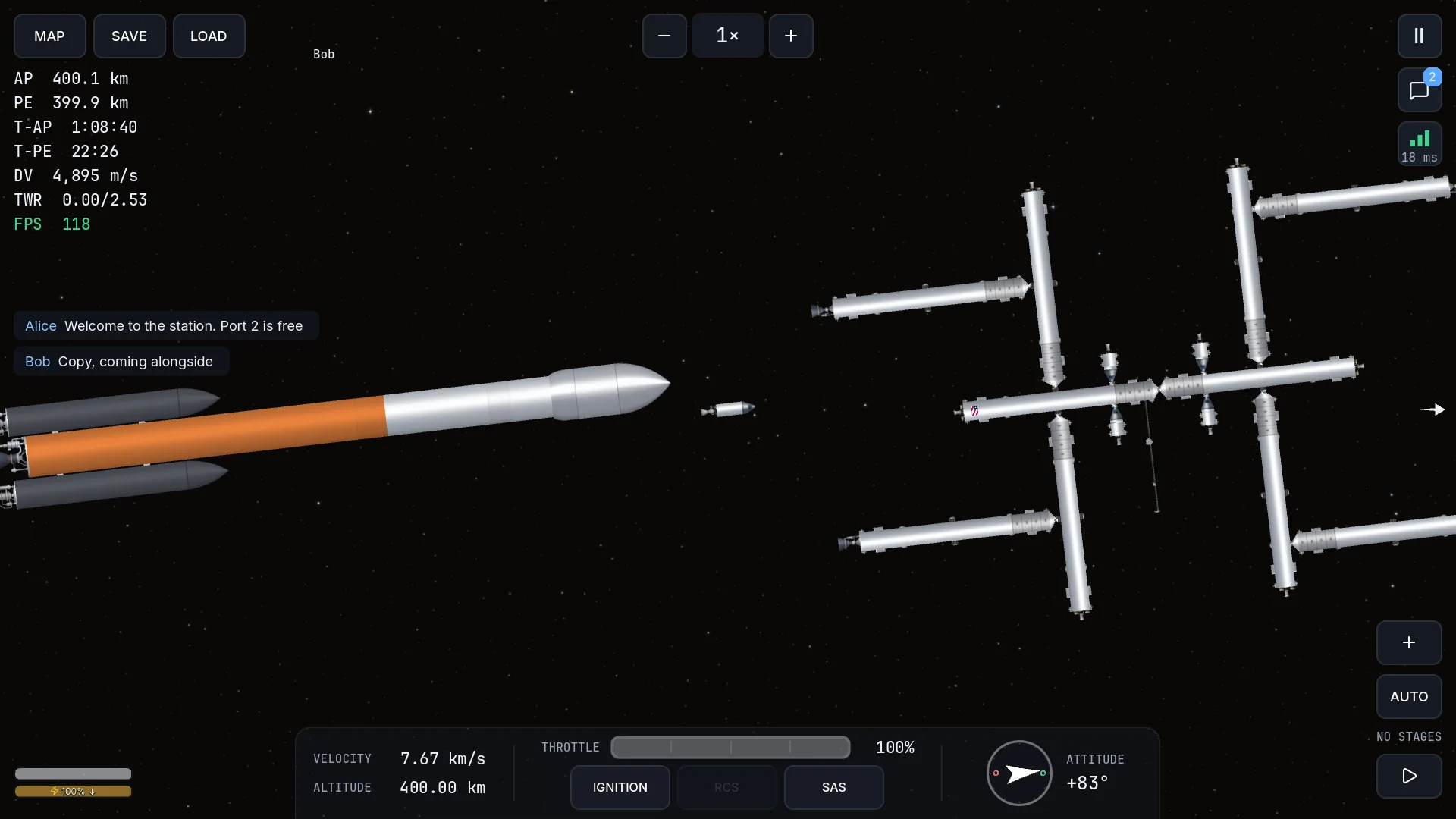 Alice's station, Bob's orange and white rocket and a small capsule in orbit, with name tags and chat messages