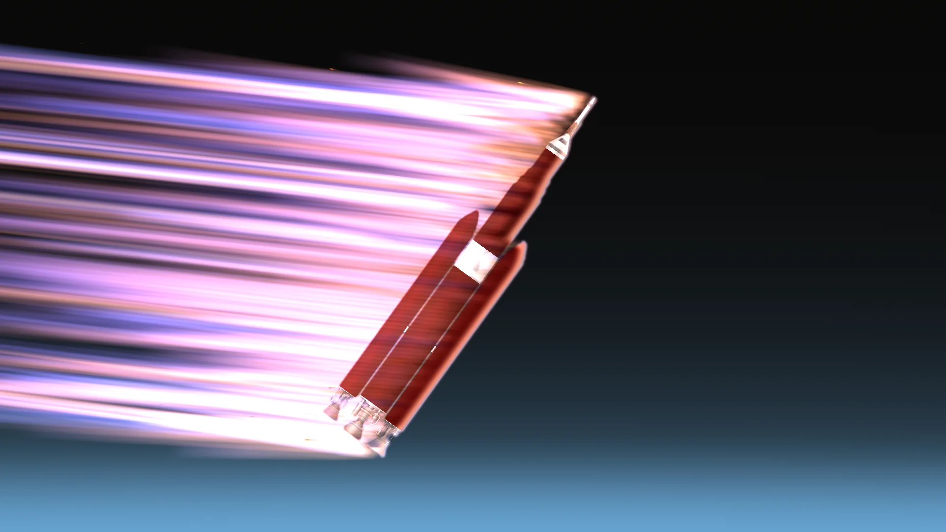 A dark red rocket streaking through the upper atmosphere wrapped in pink and violet plasma