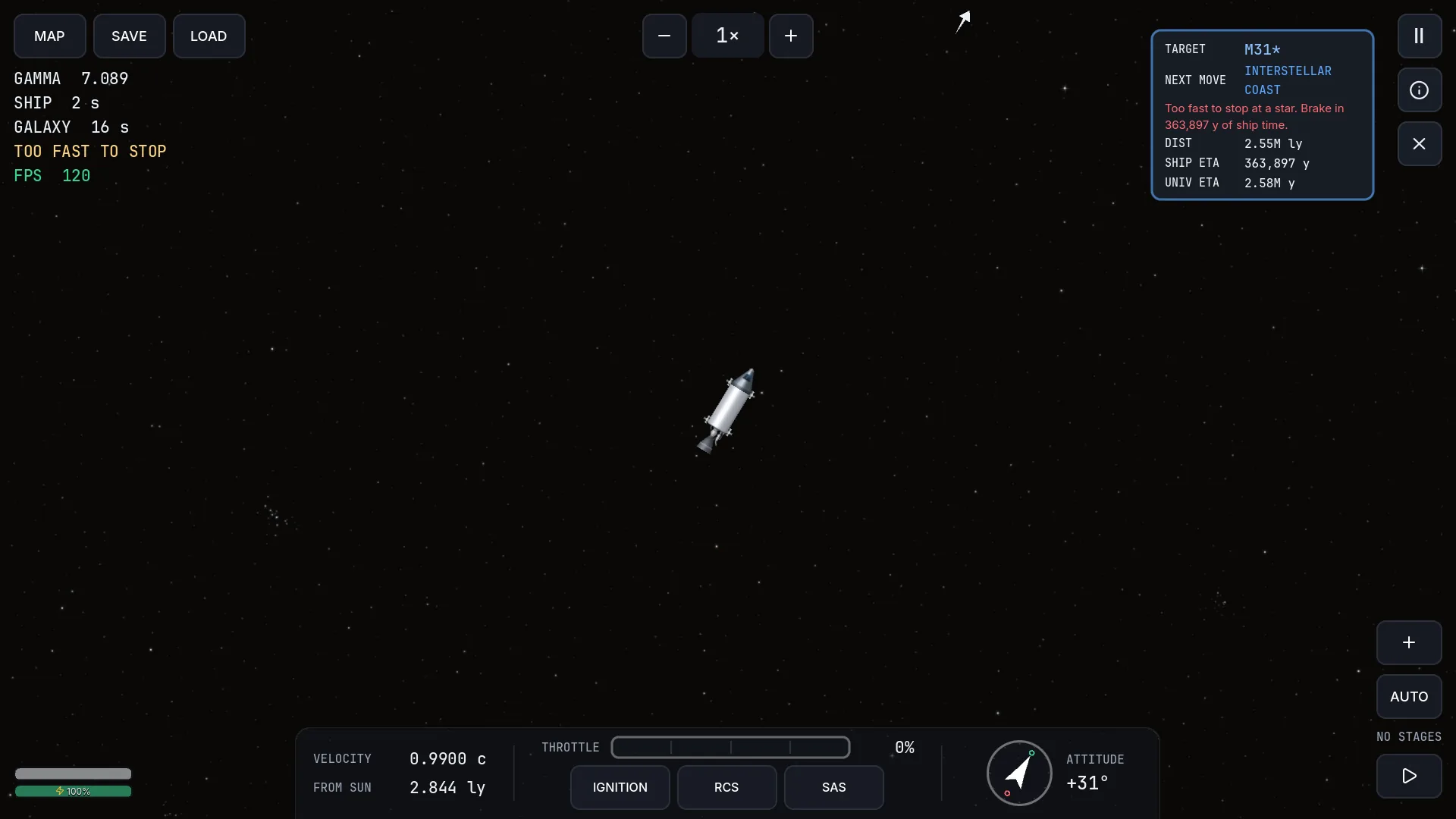 A spacecraft coasting at 99 percent of light speed with ship and galaxy clocks on the HUD