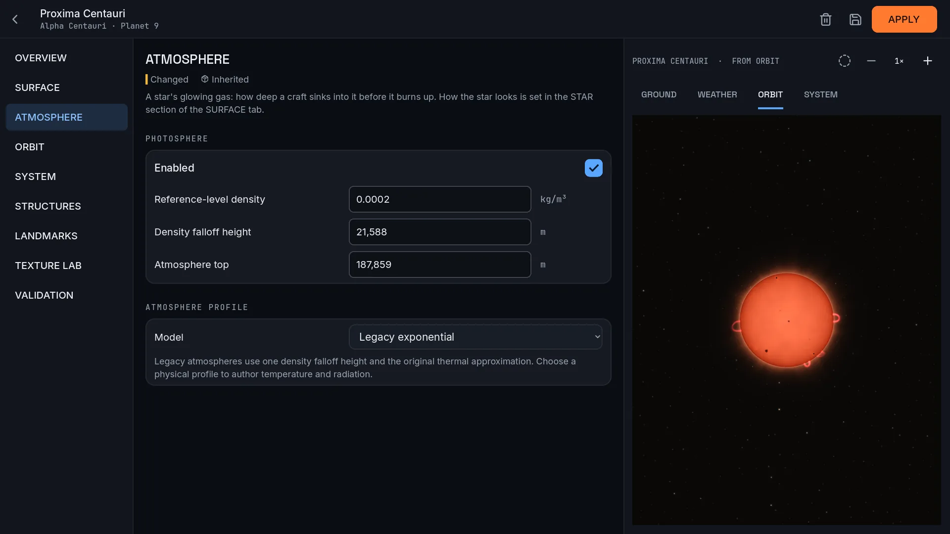 Body Studio editing Proxima Centauri, with atmosphere settings beside a live preview of the red dwarf