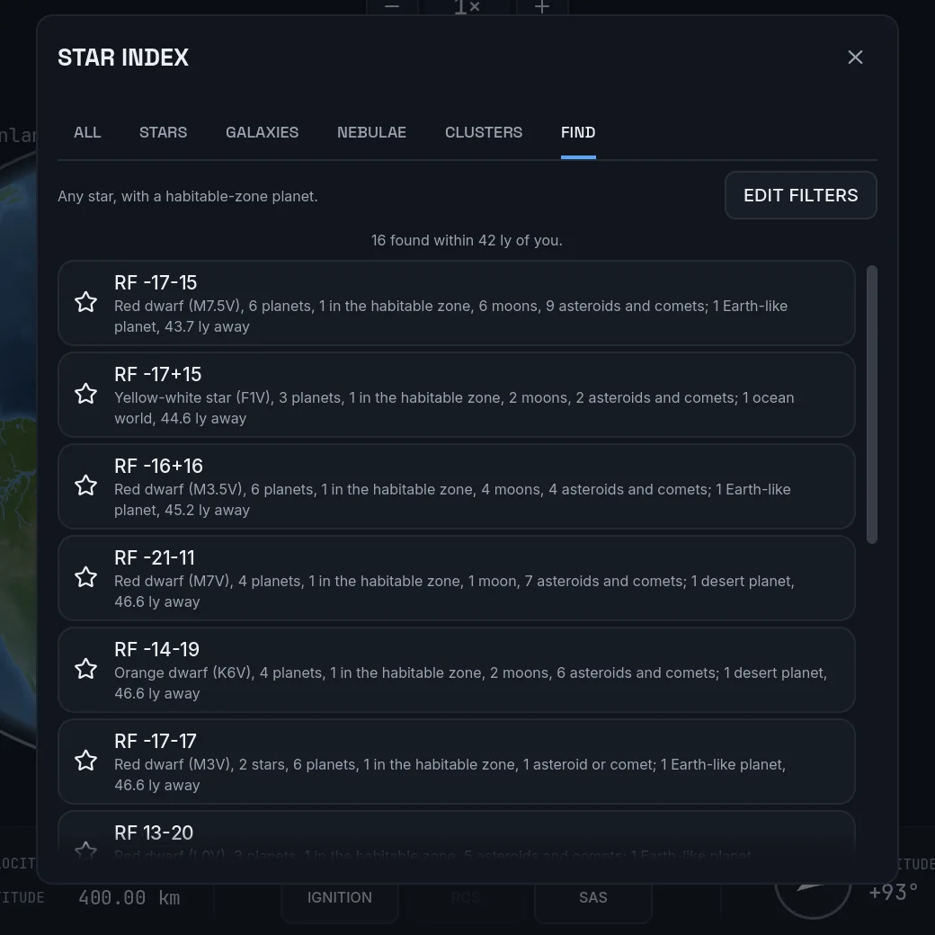 The star index FIND tab listing nearby stars with habitable-zone planets