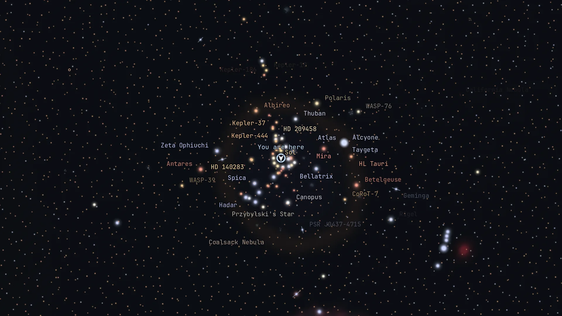 The galaxy map around the Sun, labeled with real nearby stars such as Sirius, Vega, Betelgeuse and Alpha Centauri